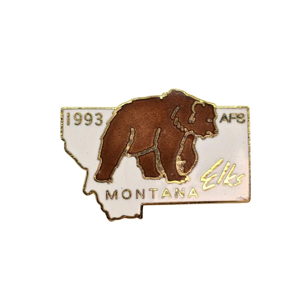Vintage 1993 Montana Elks AFS Brown Bear State Shape Enamel Lapel Pin Gold Tone